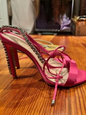 NWOT SCHUTZ Islah Hot Pink Satin Rhinestone Lace-Up Stiletto Sandals